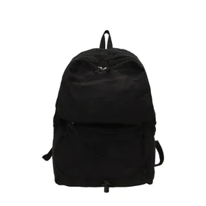 Zaino nero minimalista casual per studenti con cordino elastico e tasca con zip anteriore.