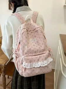 Korean style pink corduroy floral backpack for women sweet lace school bag daily casual daypack