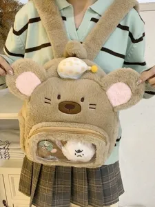 Zaino in peluche da criceto carino per donna, borsa ita kawaii con tasca trasparente e bretelle.