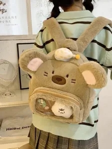 Zaino in peluche criceto carino per donna, borsa scolastica soffice con finestra trasparente ita.
