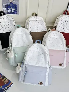 Korean style star print casual canvas backpack with multi-color front pockets for daily school.