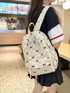 Women cute corduroy backpack casual lattice school bag with black bows stylish