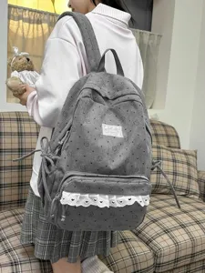 Korean style cute floral corduroy backpack with lace trim for women student school bag