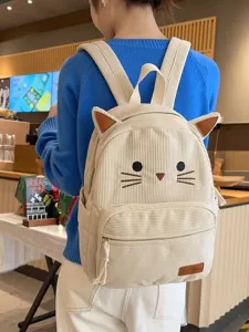 Cute cat ear corduroy backpack for women, aesthetic casual school bookbag and daily daypack.