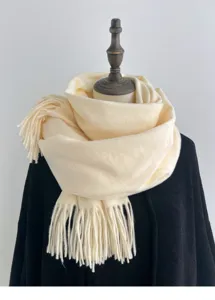Detalle bufanda invierno imitación cachemira lisa, cuello flecos cálido para hombres y mujeres