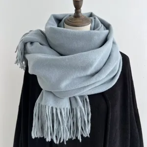 Bufanda de invierno lisa de imitación cachemira para mujer y hombre, chal cálido con flecos.