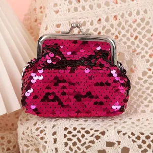 Lindo monedero de lentejuelas para niños con cierre de metal, bolso de mano rosa brillante.