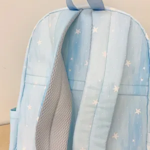 Close-up detail view of light blue backpack with white stars and mesh back straps.