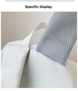 Backpack detail view showing breathable mesh shoulder strap and handle construction.