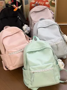 Sac à Dos Simple Couleur Unie Style Coréen Femme Joli Garniture en Dentelle Grande Capacité Sac d'École Casual