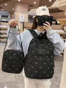 Black corduroy backpack set for women, cute bow pattern school bag multi-piece set