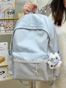 Sac à dos uni de style coréen pour femme, design doux avec bordure en dentelle, grand cartable.