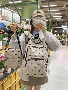 Korean style cute bow corduroy backpack three-piece set for women casual school bag.