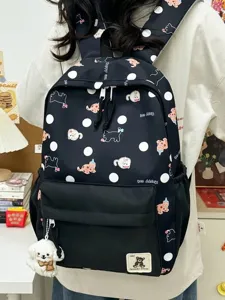 Zaino in stile giapponese carino con stampa gatto a pois e ciondolo orsetto per studenti.
