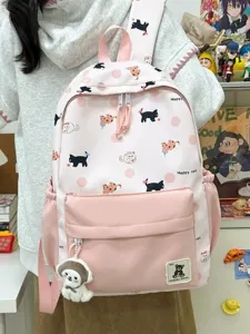Zaino in tela rosa in stile giapponese carino con stampa di gatti e grande capacità di stoccaggio.