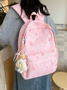 Sac à dos rose mignon avec motif d'étoiles et pendentif en peluche, grand sac d'école pour étudiant.