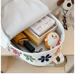 Canvas backpack large capacity floral embroidery school student cute casual white daypack