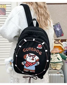 Korean style ins cute cartoon dog corduroy backpack for women, casual student school bag.