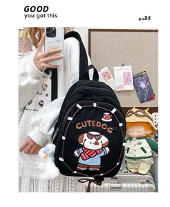 Black corduroy backpack featuring cute dog embroidery and stylish casual design details.