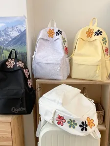 Cartoon Floral Embroidery Nylon Backpack Large Capacity Student School Bag Solid Color Casual Versatile Daypack
