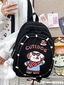 Corduroy cute dog embroidered backpack casual school bag for women black aesthetic book bag