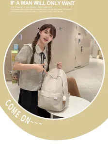 Japanese minimalist solid color backpack for women, large capacity daily student school bag.