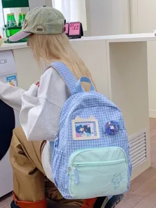 Korean style plaid backpack cute cat canvas school bag large capacity ita bag with badge window.