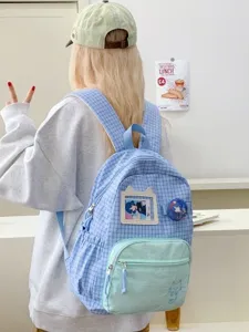 Korean style ins cute plaid ita backpack with badge window and cat embroidery for women.