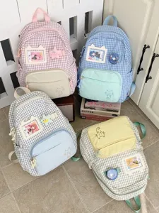 Korean style plaid ita backpack cute cat embroidery transparent window student school bag