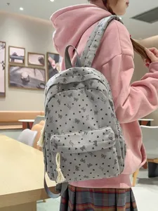 Korean style sweet bow corduroy backpack for women, large capacity college style student school bag.