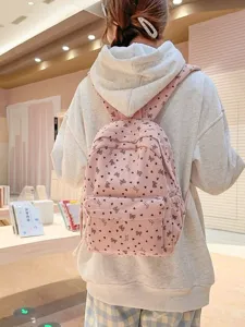 Sweet pink corduroy backpack with cute bow heart print, large capacity school bag for girls