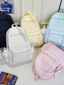 Korean Style Cute Polka Dot Backpack Women Fresh College Student School Bag Large Capacity Casual All-Match Travel Backpack With Pendant
