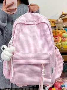 Pink plaid backpack large capacity cute school bag for women casual college style bookbag