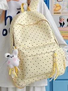 Cute yellow polka dot backpack for women, casual college style large capacity school book bag.