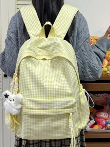 Korean style yellow and white checkered backpack large capacity student school bag casual daypack