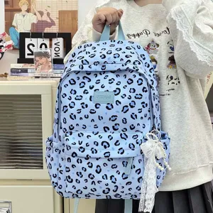 Korean retro leopard print backpack for women, cute college style school bag with lace pendant.