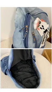 Sac à dos en jean décontracté avec joli patch de chien de dessin animé, grande capacité.