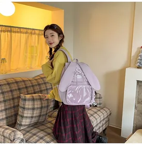 Sweet cute bunny ear backpack with ribbon and clear ita bag pocket for daily kawaii style
