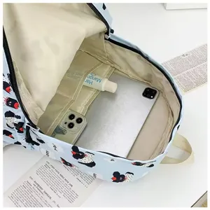 Cartoon dachshund print backpack detail view, large capacity school bag for daily use.