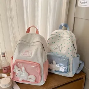Sweet star print transparent pocket ita backpack stylish student school bag with cute doll design