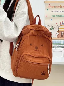 Brown corduroy backpack for women, cute bear ear design with paw embroidery, casual school bag.