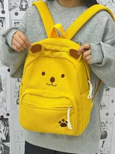 Cute yellow corduroy bear backpack for women, large capacity student school bag aesthetic.