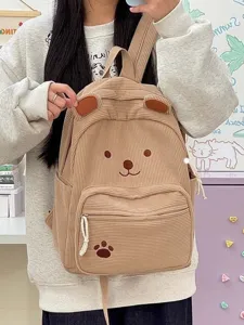 Cute corduroy bear backpack for women, casual school bookbag with paw print daily daypack