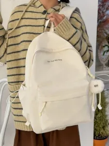 Korean minimalist solid color casual backpack for women, large capacity daily school bookbag.