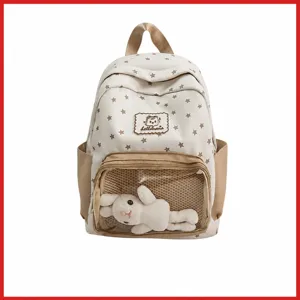 Korean style star print student backpack with clear front pocket for cute ita bag styling.