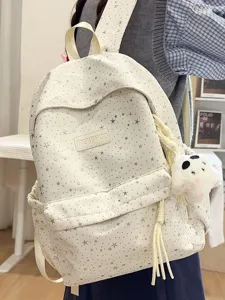 Zaino scolastico in tela stile coreano con stelle argentate, ciondolo peluche, grande.