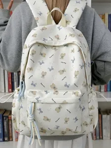 Zaino con stampa di orsetto cartone animato per donna, grande capacità borsa scolastica casual.