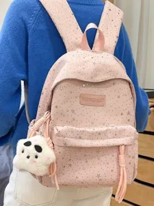 Zaino rosa carino con stampa di stelle per donne, zaino scolastico coreano casual con ciondolo.