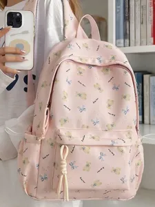Zaino rosa con stampa orsetto stile college grande borsa scolastica casual capiente