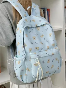 Zaino azzurro carino con orsetto dei cartoni, grande borsa scolastica stile college.